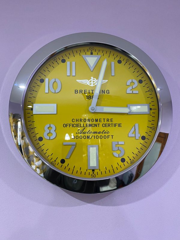 BREITLING Wall Clock Series,Silver Crome & Yellow face Wall Clock