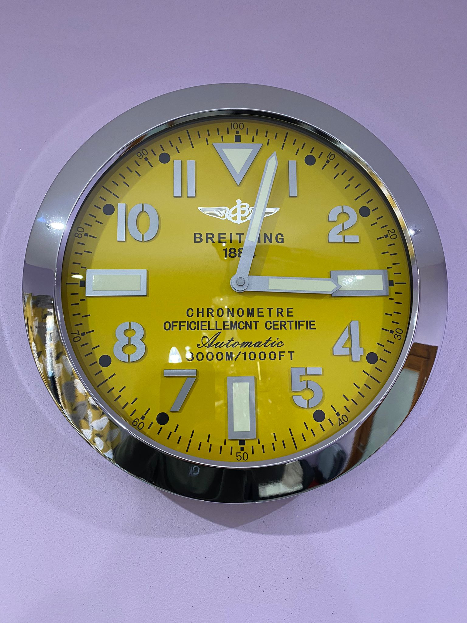 BREITLING Wall Clock Series,Silver Crome & Yellow face Wall Clock BREITLING Wall Clock Series,Silver Crome & Yellow face Wall Clock