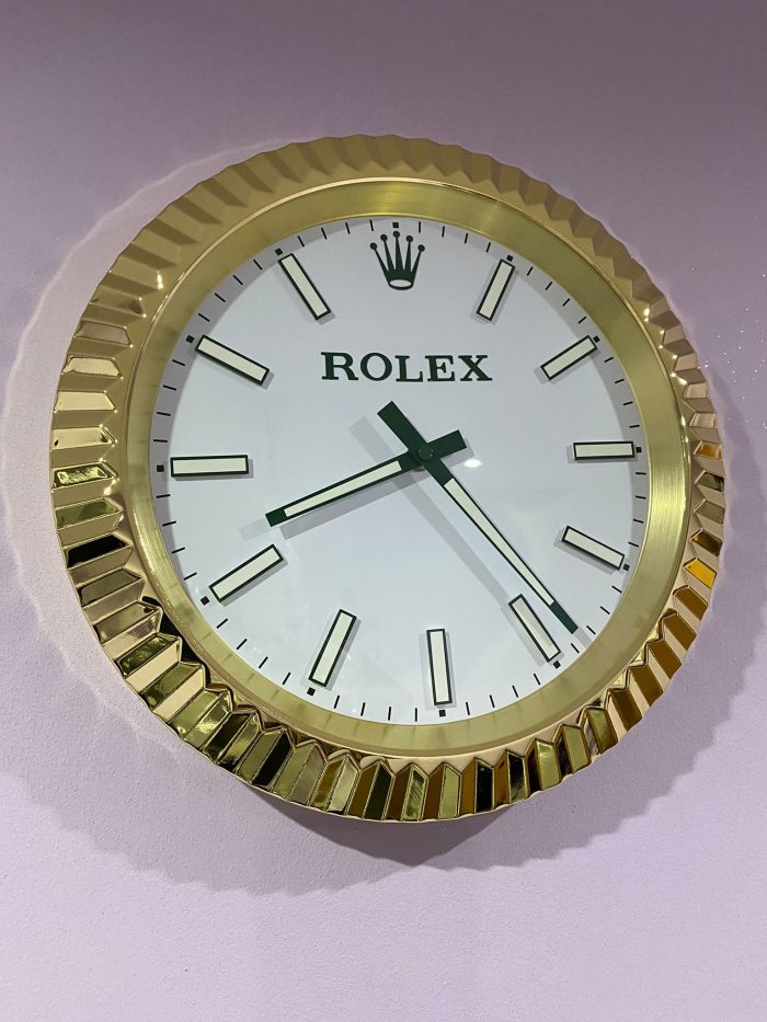 luxury wall Clock Date just in gold bezel - white face with Green Dial unique design and rear