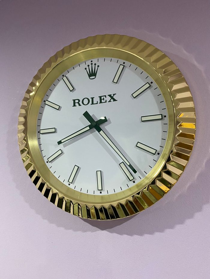 luxury wall Clock Date just in gold bezel - white face with Green Dial unique design and rear