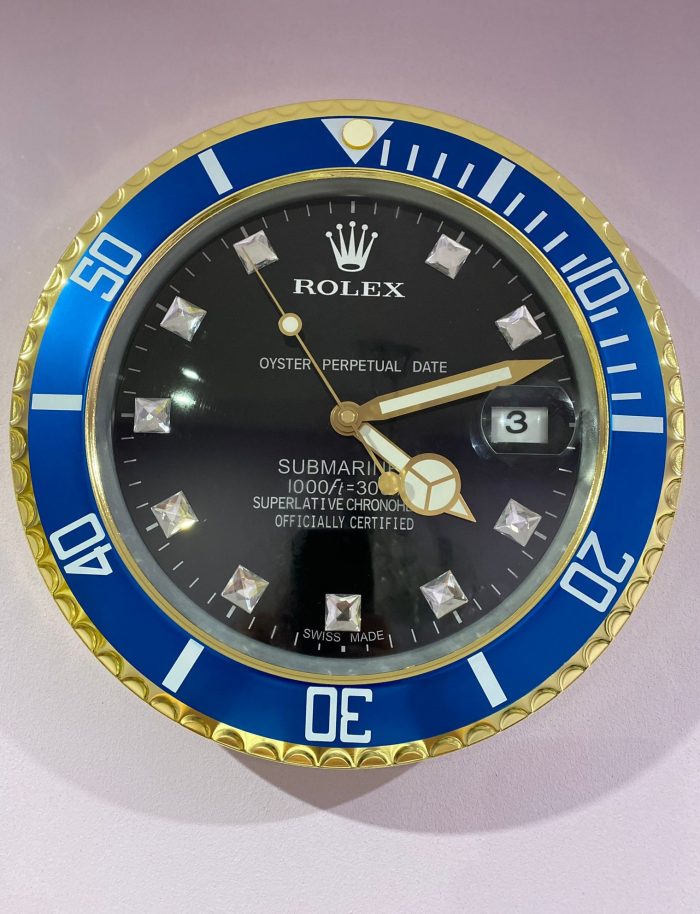 luxury wall clock | Rolex Submariner blue - gold bezel with black