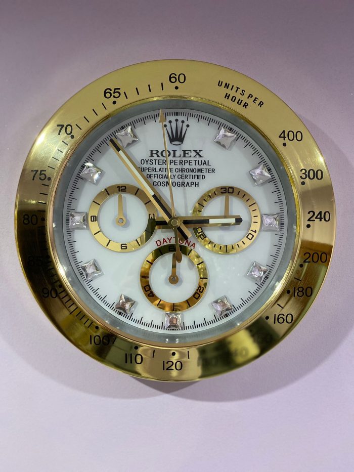 Rolex Daytona Wall Clock Series, Yellow gold bezel with white face.