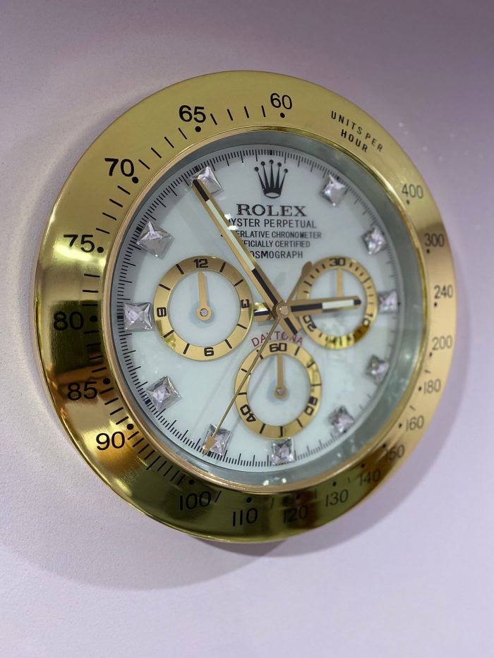 Rolex Daytona Wall Clock Series, Yellow gold bezel with white face.