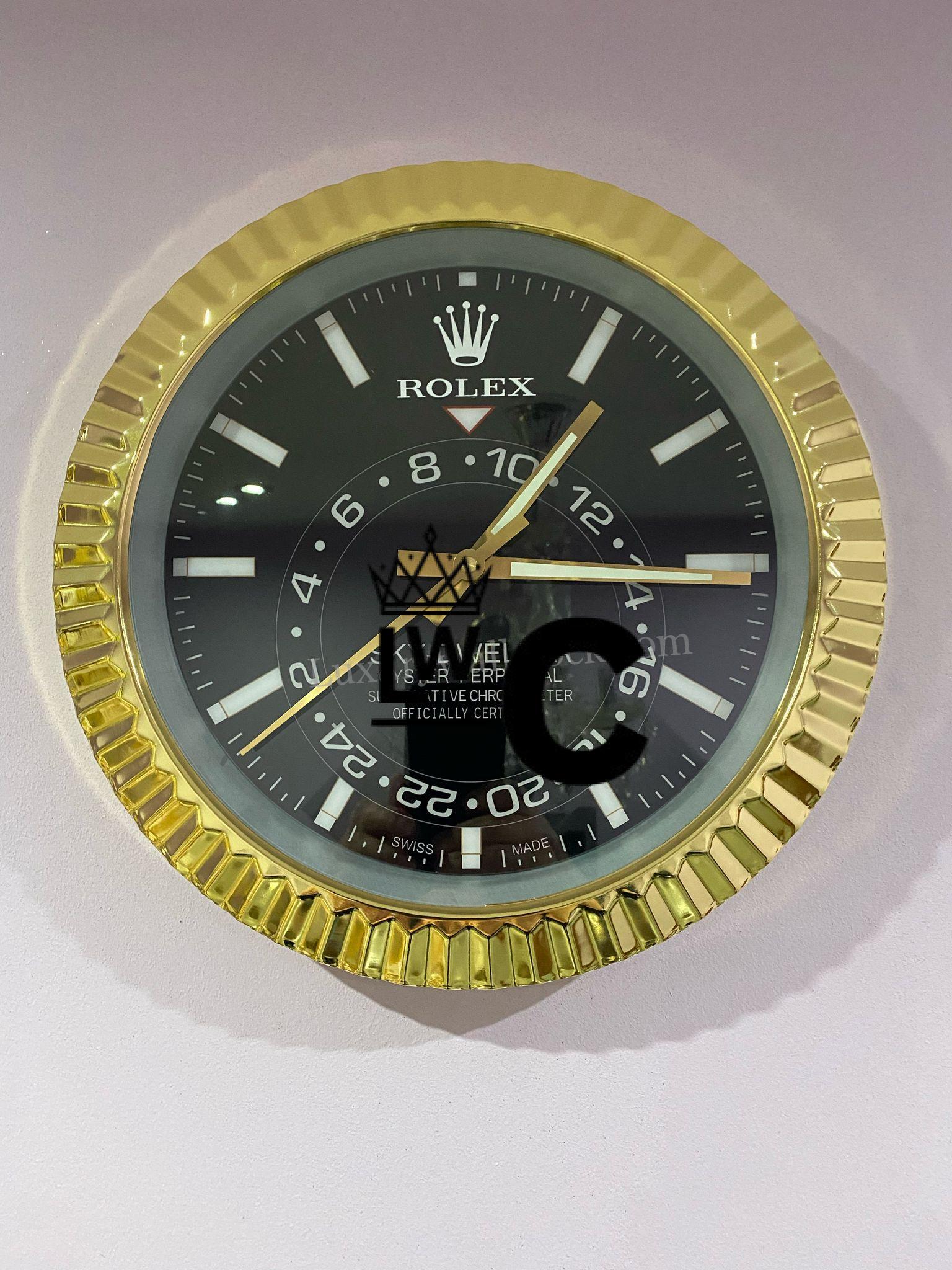luxury wall clock | Rolex Sky dweller in Yellow gold bezel with black face luxury wall clock | Rolex Sky dweller in Yellow gold bezel with black face