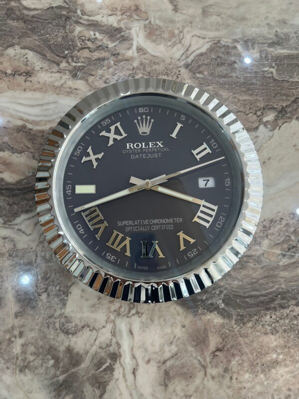Luxury Rolex Datejust  Wall Clock in Platinum Silver Bezel - Black face